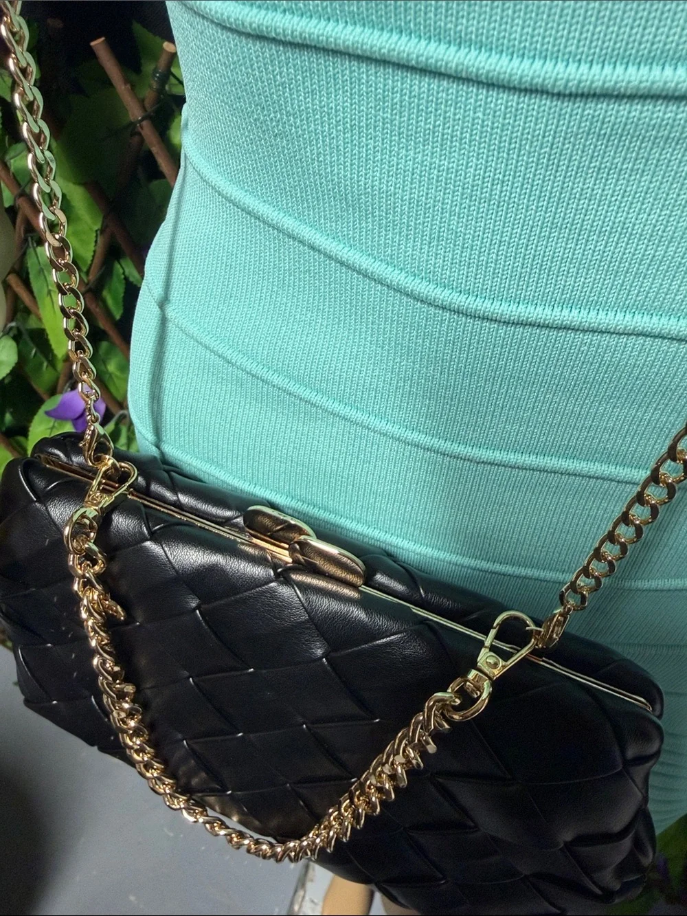 Olga Berg Black Quilted Crossbody/Shoulder Bag/Clutch with Gold Chain